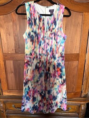 NYDJ Multicolor Sleeveless Midi Dress in Teal, Pink, Navy and Orange